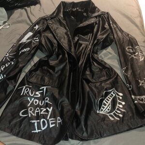 Black Graphic Faux Leather Jacket